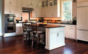 White Kitchen Cabinets With Cherry Finish Flooring 300x186 